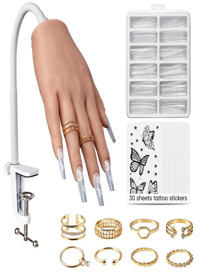 Wilfniee Practice Hand for Acrylic Nails: Silicone Nail Hand Practice with Gold Rings - Flexible Fake Hand Mannequin Nail Hand Kit for Beginners - Image 1